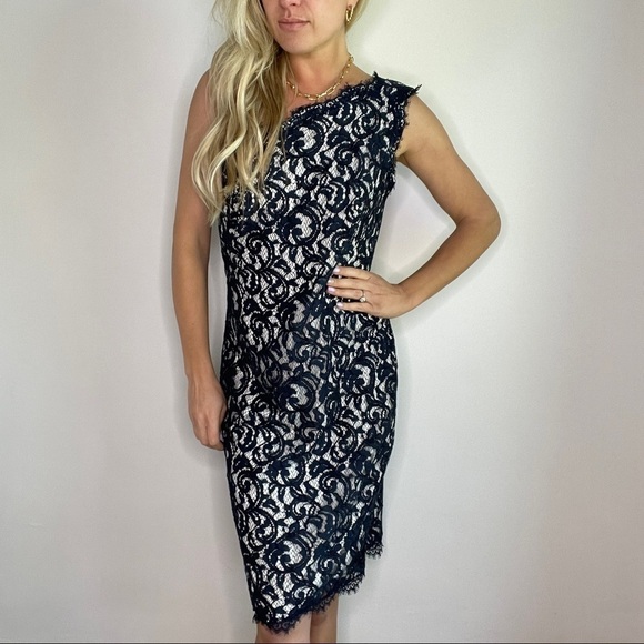 Tadashi Shoji Blue & White Lace One Shoulder Dress Size 10 - Picture 6 of 13